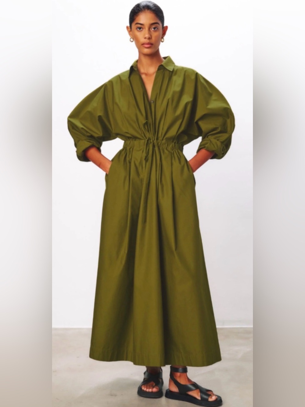 Mara Hoffman Colleen Olive Drawstring Waist Maxi Dress